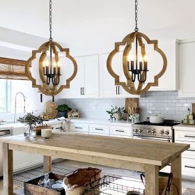 4-Light Rustic Farmhouse Chandelier, 21.7'' Wood Pendant Light Adjustable Hanging Chain, Kitchen Island Chandelier Light Fixture for Dining Room