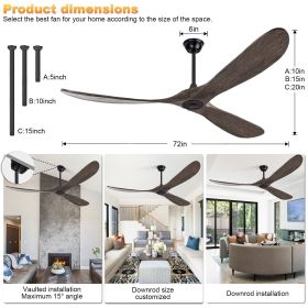 72 Inch Solid Wood Ceiling Fan No Light,PropellerOutdoor Ceiling Fans Without Lights with WallSwitch and Remote Control,Quiet DC Motor